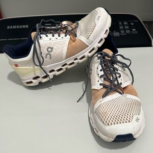 On Running Athletic Shoes in White and Tan